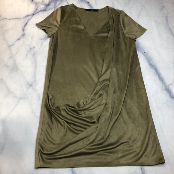 Zara Draped Front Olive Green Faux Suede Dress - Picture 2 of 7